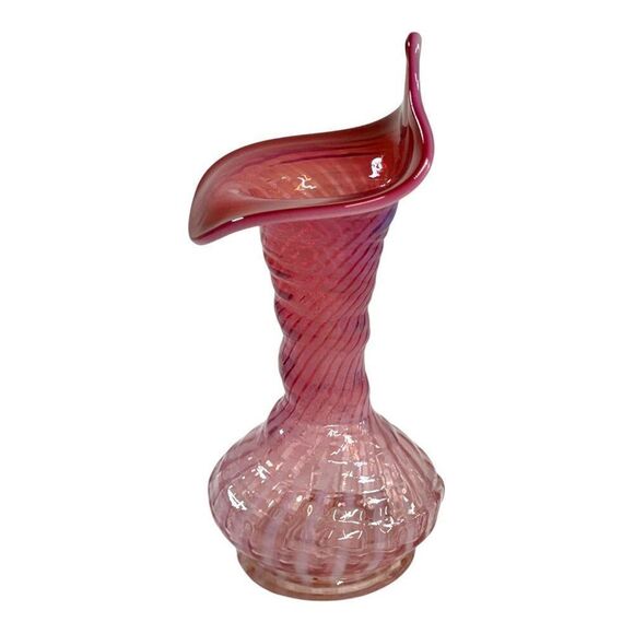 Fenton Cranberry White Pink Red Spiral Jack in The Pulpit Glass Vase Ruffle Rim - Picture 2 of 6